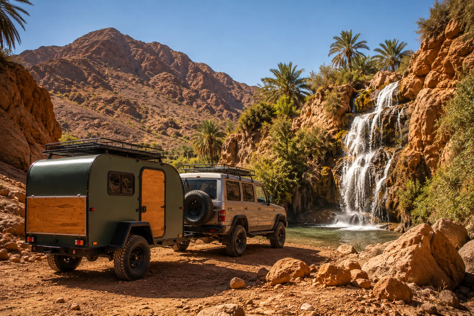 Caravane teardrop garée face aux montagnes de l'Anti-Atlas au lever du soleil