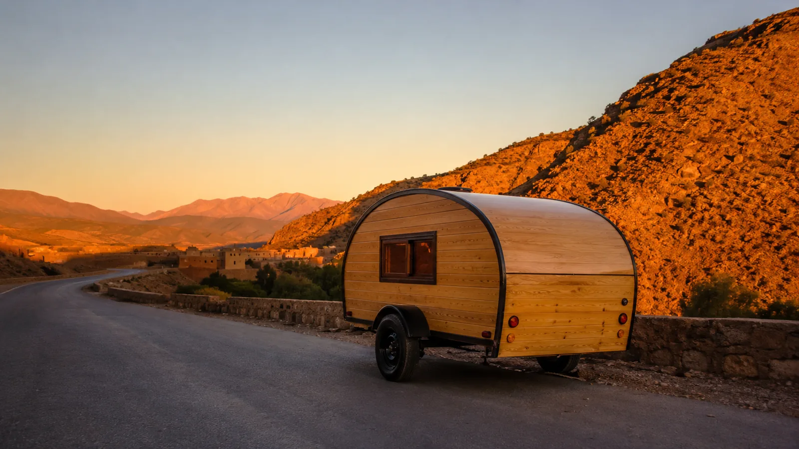 Caravane teardrop en bois clair sur une route de montagne marocaine au coucher du soleil, lumière dorée sur les reliefs de l'Atlas